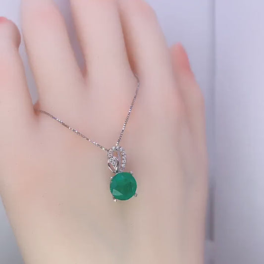 Green Emerald Necklace May Birthstone  chain - 18KGP @ Sterling Silver - 8mm 2 CT Round Cut Green Emerald Pendant #382