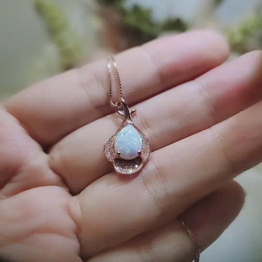 Opal Necklace - Rose Gold Gemstone Petal Flower Jewelry Sterling Silver Synthetic Opal Leaf Pendant Jewelry #207