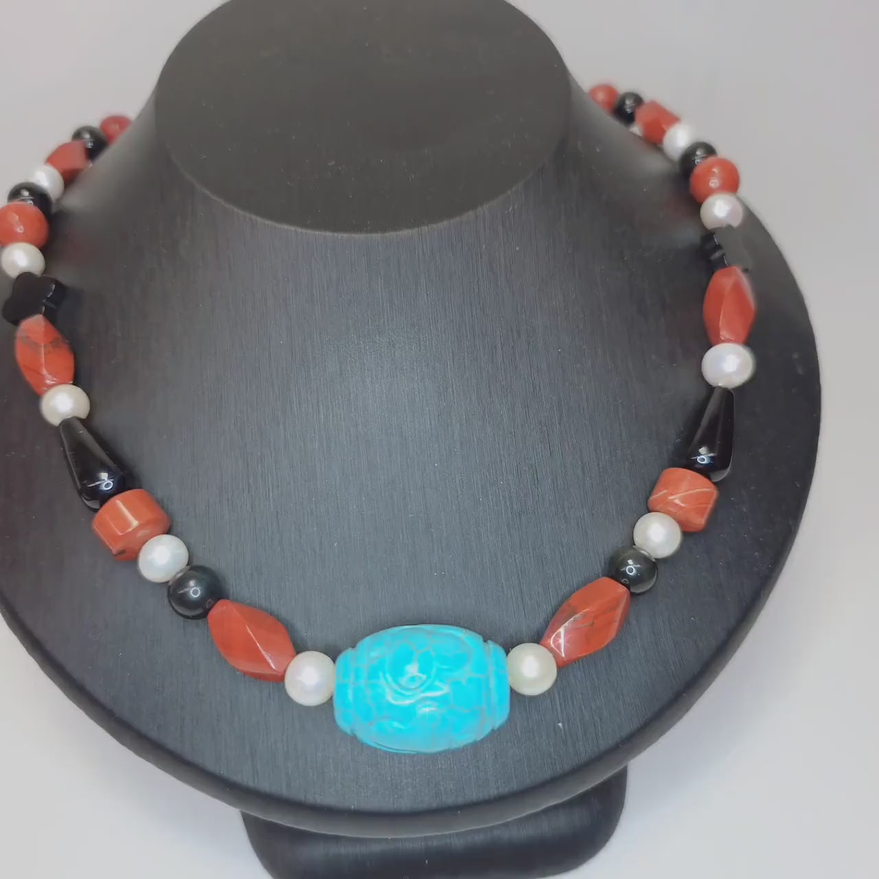 Natural Turquoise Pearl Necklace, Hand-Carved Red Jasper Black Onyx Obsidian Statement Jewelry, Chunky Boho Gemstone Necklace, Sterling Clap