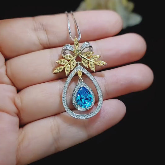 Teardrop Swiss Blue Topaz Necklace The Tree Of Life Pendant 18KGP @ Sterling Silver Olive branch 2.5 Ct  Pear Cut Blue Topaz Jewelry #851