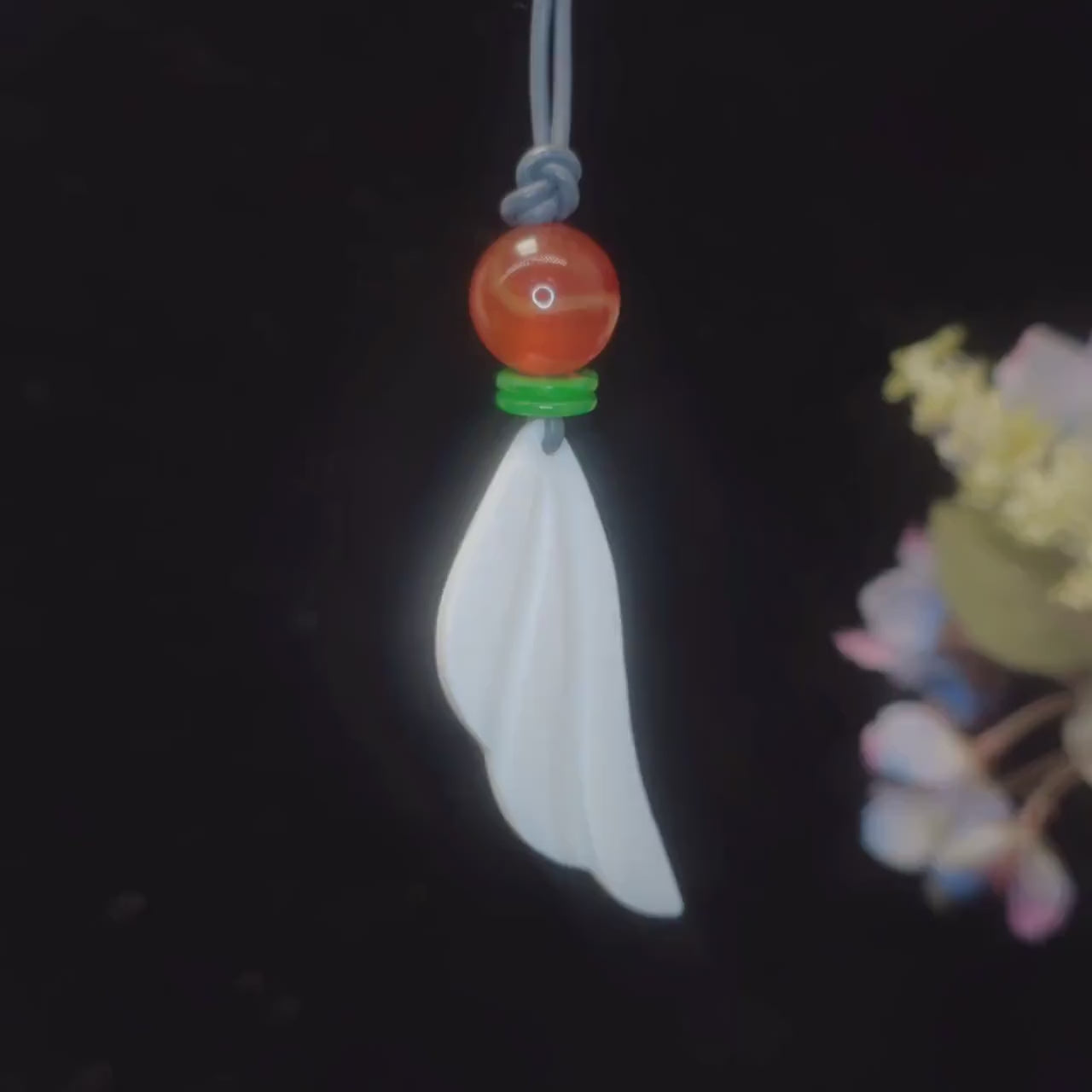 Angel Wing Necklace, Chunky Geometric Carnelian & Emerald Jade Pendant, Hand-Carved Spiritual Jewelry, Adjustable Leather Gift #2586