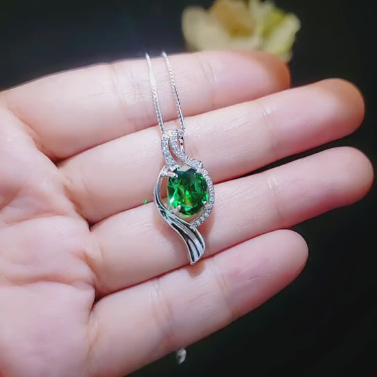 Large Gemstone Wave Emerald Necklace White Gold coated Sterling Silver 2.8 CT Green Oval Emerald Pendant  #611