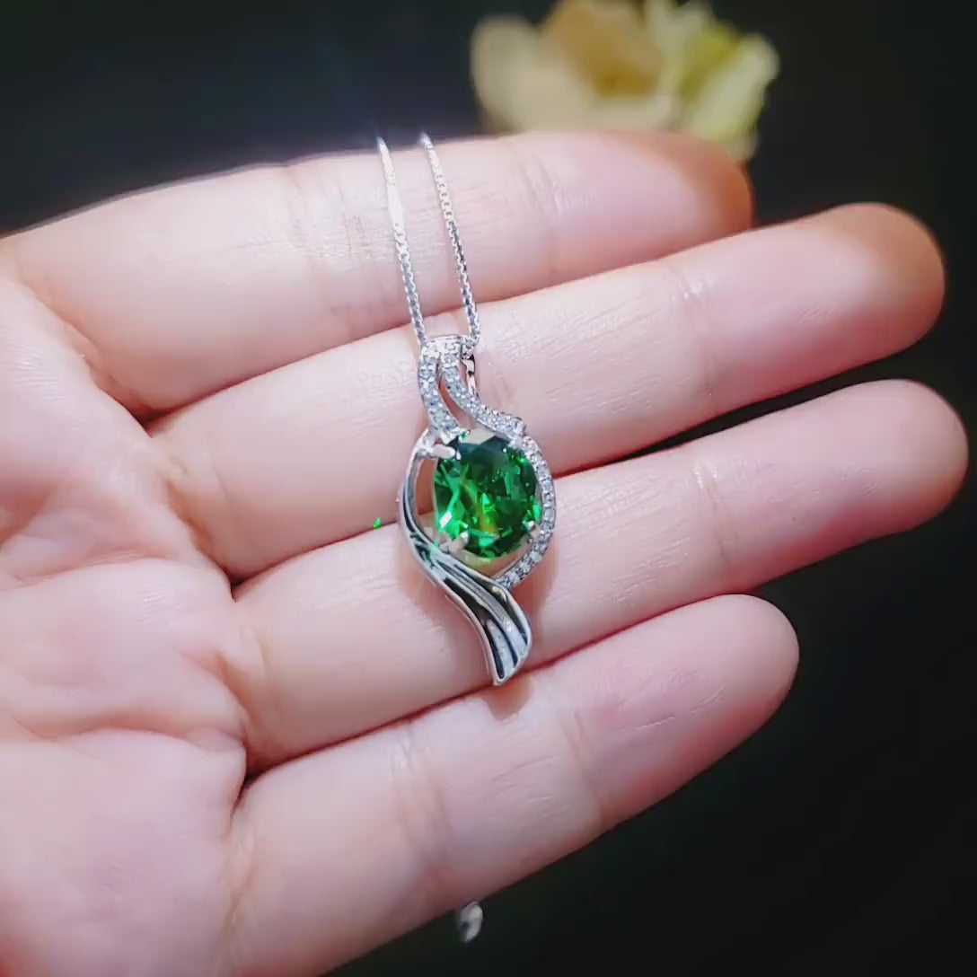 Large Gemstone Wave Emerald Necklace White Gold coated Sterling Silver 2.8 CT Green Oval Emerald Pendant  #611