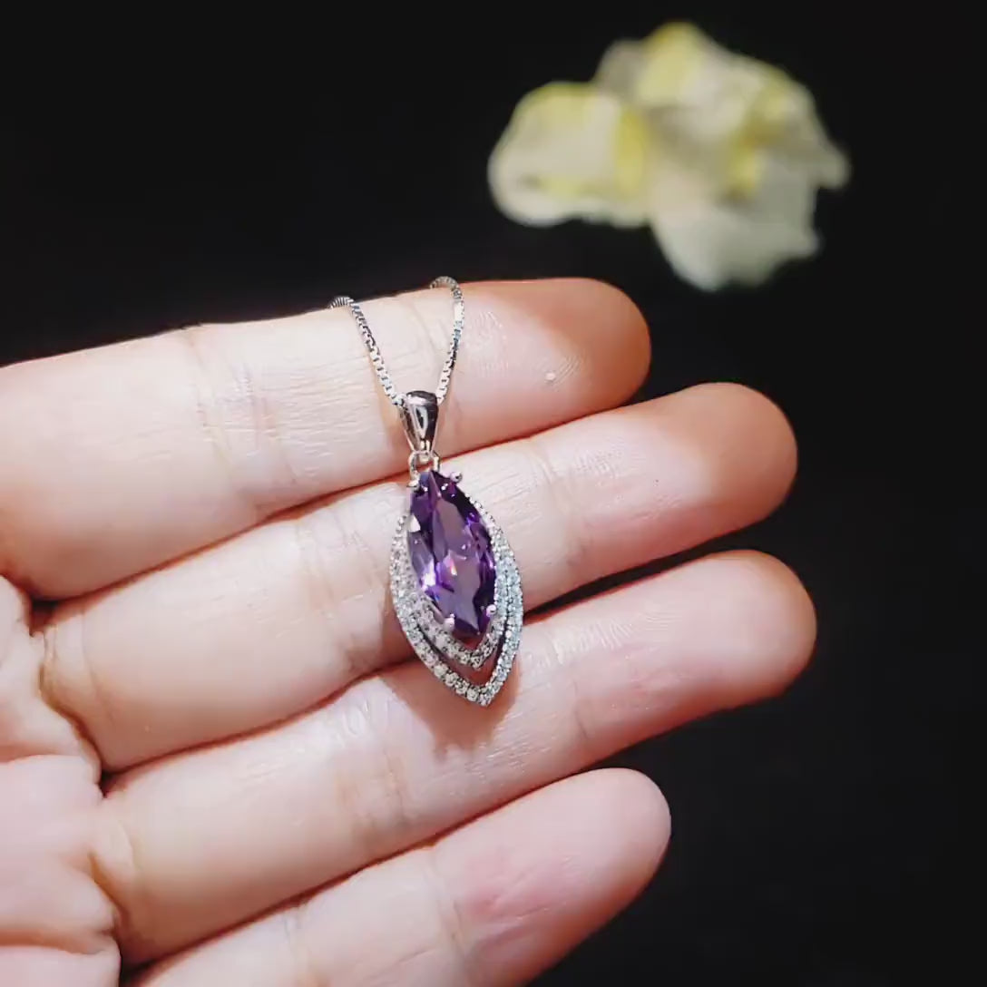 Genuine Marquise Amethyst Necklace, Sterling Silver - White Gold Coated Double Diamond Halo -  Large 3 CT Created synthetic  Diamond Leaf