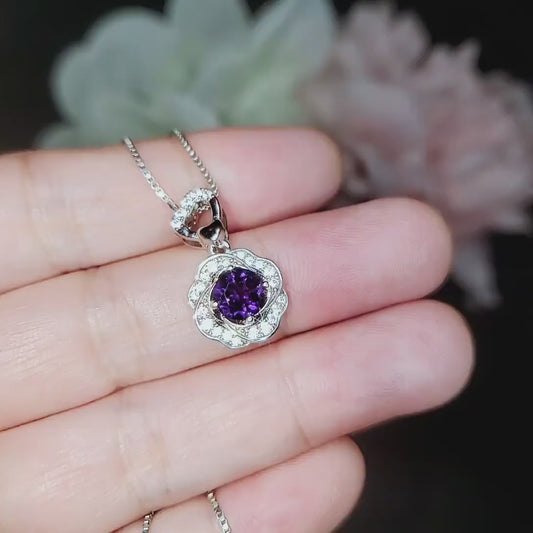Natural Amethyst Necklace Pendant, February Birthstone 18K Gold Plated Sterling Silver  Floral Design, rose flower jewelry #417