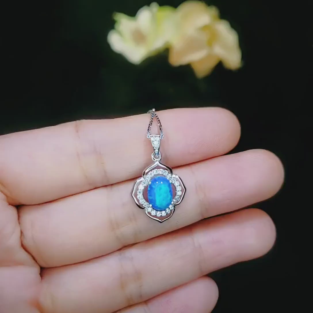 blue opal Necklace - Gemstone Flower of life  - White Gold coated Sterling Silver Blue Opal Pendant #114
