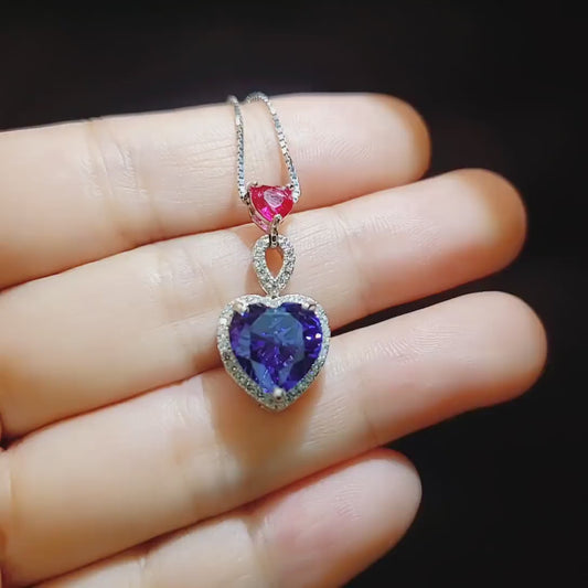 Double Heart Tanzanite Necklace -Gemstone Heart Connect Heart Pendant - 18KGP Sterling Silver -  December Birthstone  #740