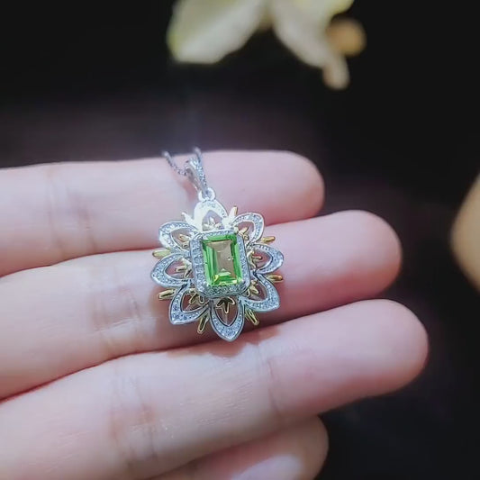 Genuine Peridot Necklace Sterling Silver Green Gemstone  Spirit Flower, Rectangle Peridot Jewelry, Goddess Athena Jewelry #764