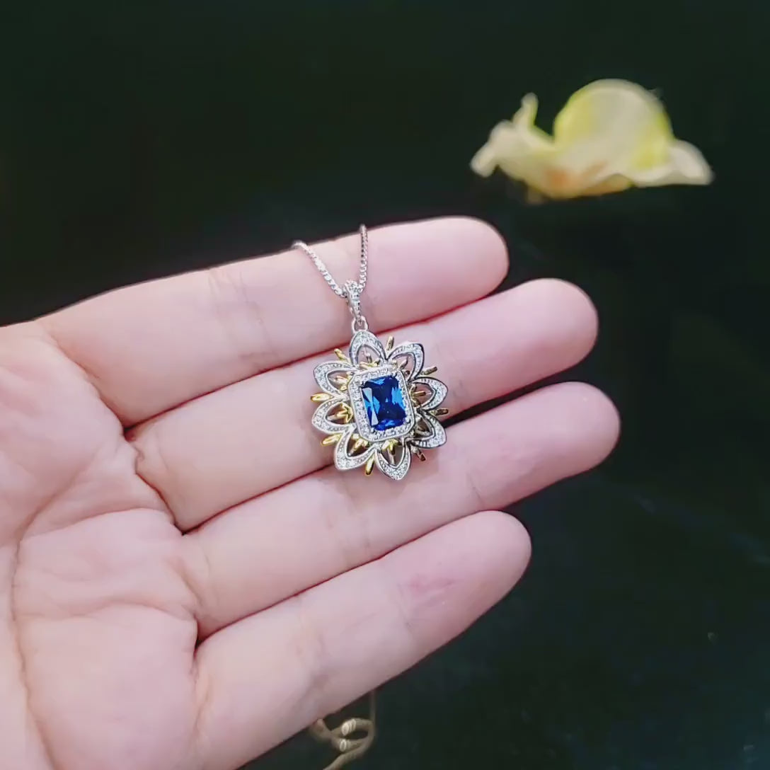 Spirit Flower Blue Sapphire Necklace - Sterling Silver - Rectangle Sapphire Pendant - September Birthstone Goddess Athena Necklace  #673