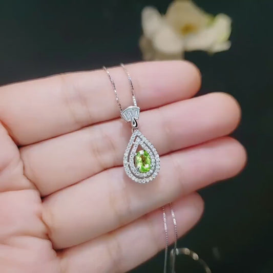 Genuine Peridot Necklace - Double Halo Sterling Silver Tiny Teardrop Natural  Peridot Jewelry August  Birthstone  #369