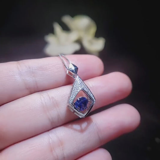 Dynamic Swing Blue Tanzanite Necklace - Round Cut 0.85 Ct - Full Sterling Silver 18KGP -  Lab created Energic Tanzanite Pendant #183