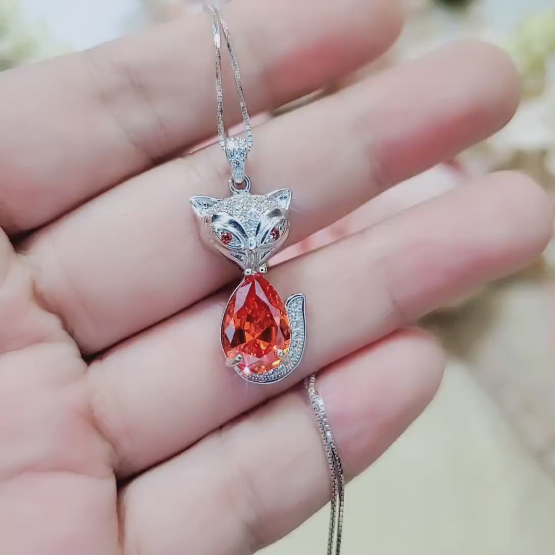 Fox Sunstone Necklace - 18KGP @ Sterling Silver Tangerine Sapphire Jewelry 2 CT Red Orange Sun stone Pendant #466