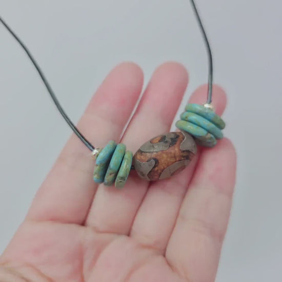 Dzi Bead Necklace, Turquoise Stone Pendant, Mens Jewelry Leather Cord Choker, Spiritual Tribal Jewelry, Unisex Bohemian Chunky Gift for Him