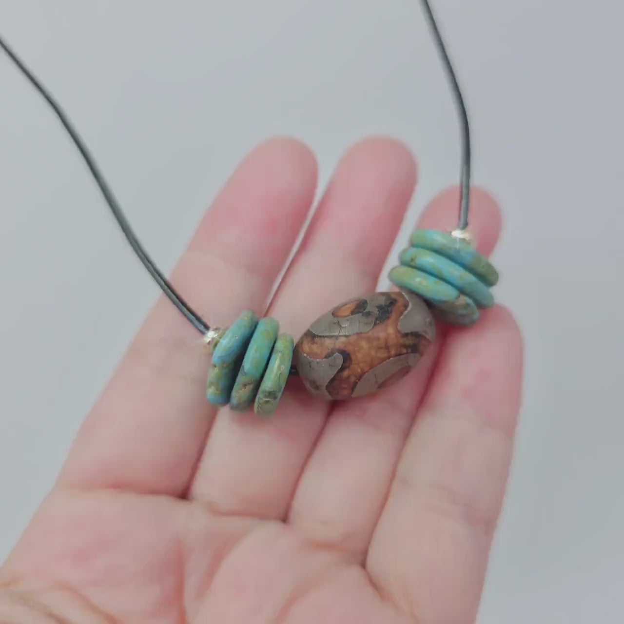 Dzi Bead Necklace, Turquoise Stone Pendant, Mens Jewelry Leather Cord Choker, Spiritual Tribal Jewelry, Unisex Bohemian Chunky Gift for Him