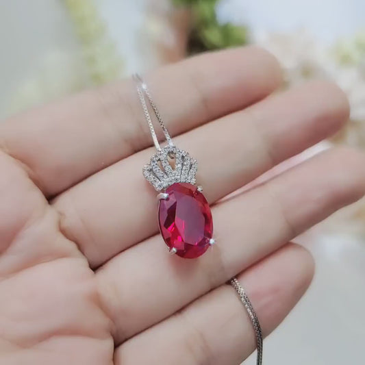 Large Ruby Necklace - Sterling Silver with 18kgp - Solitaire 7 CT Gemstone Crown Red Ruby Pendant - Oval Cut - July Birthstone #839