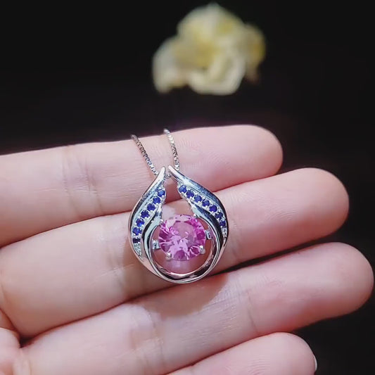 Pink Tourmaline Necklace - Hold Your Heart Pendant - 18KGP @ Sterling Silver - Blue Sapphire Style - Round Cut Pink Tourmaline Pendant #594