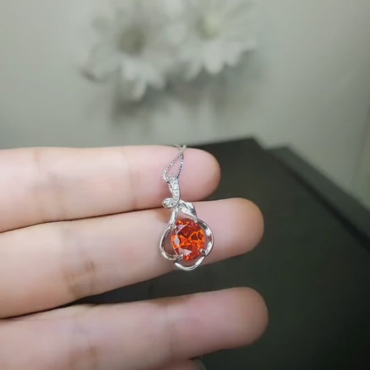 Sterling Silver Sunstone Necklace - 18kgp @ Sterling Silver -   1.8 CT Orange Tangerine Spessartite Garnet Pendant #154