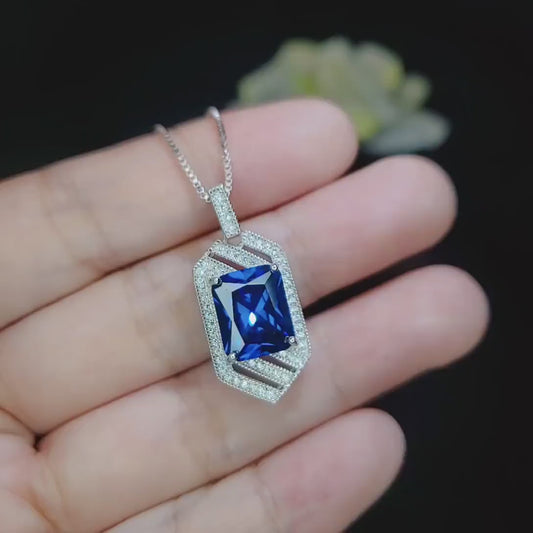 Spacecraft Style Blue Sapphire Necklace - Rectangle Scissor Cut 4.5 CT Deep Blue Sapphire Pendant -  White Gold coated Sterling Silver #680