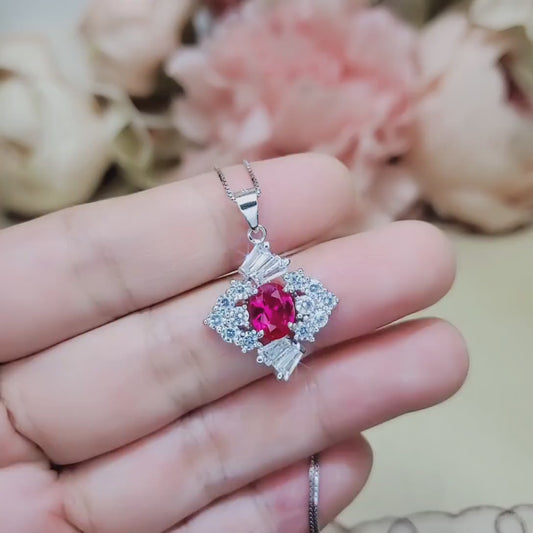 Diamond Style Red Ruby Necklace White Gold Plated Sterling Silver 1.7 CT Red Gemstone Pendant July Birthstone 1035