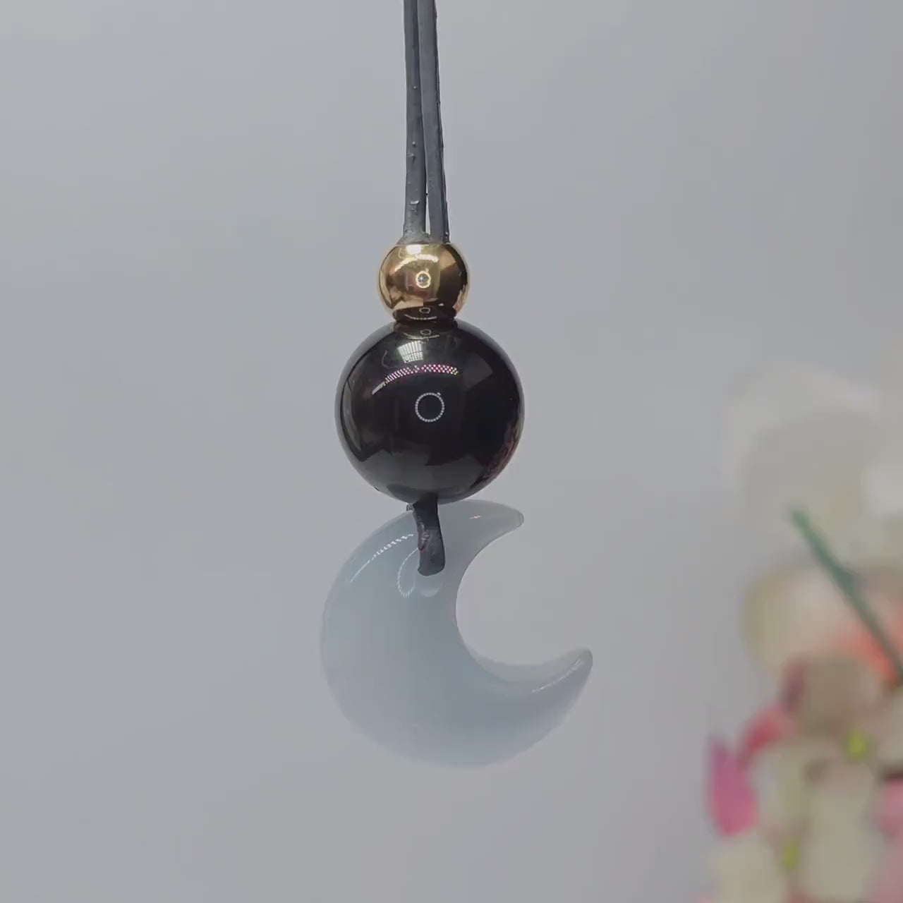 Cat Eye Necklace Moon Pendant, Obsidian Natural Gemstone Chunky Geometric Selenite Jewelry, Gift for Him Her, Adjustable Leather Cord