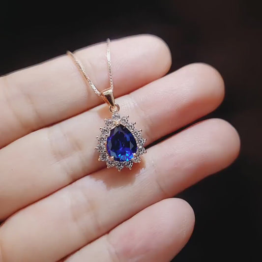 Rose Gold Teardrop Blue Sapphire Necklace Gemstone Blue Gemstone Pendant Sterling Silver Pear Halo Pear Royal Blue Jewelry #321