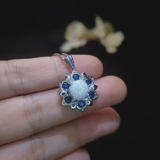 Opal Necklace - Blue Sapphire Star Flower Pendant - 18KGP @ Sterling Silver - October September Birthstone - White Fire Opal Jewelry #689