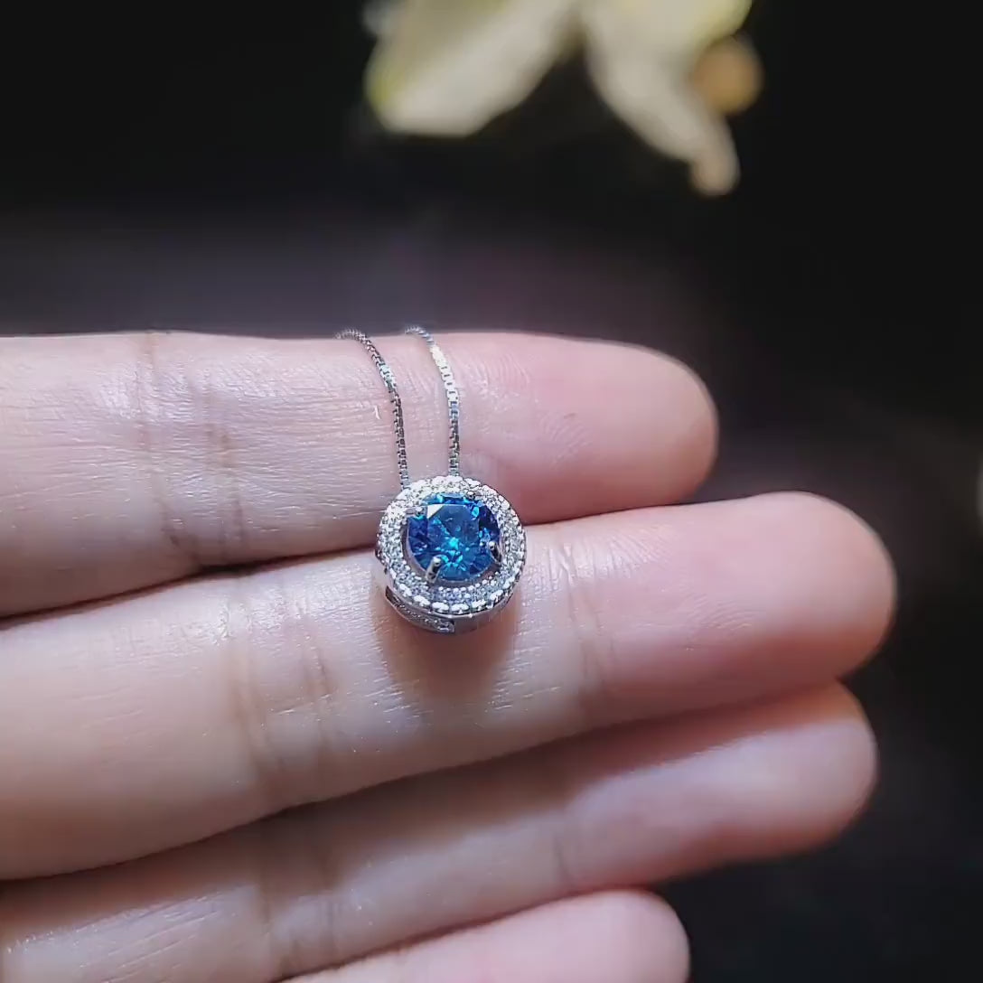 Tiny Blue Topaz Choker Necklace -  18KGP Halo Topaz Jewelry - Sterling Silver Circle Blue Gemstone  Pendant Gemstone lucky circle 062