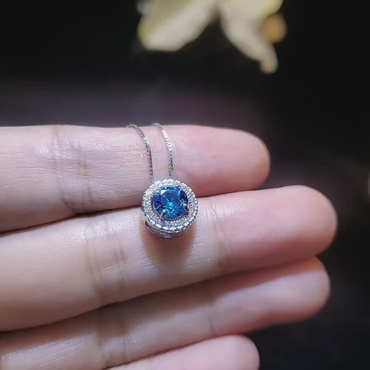 Tiny Blue Topaz Choker Necklace -  18KGP Halo Topaz Jewelry - Sterling Silver Circle Blue Gemstone  Pendant Gemstone lucky circle 062