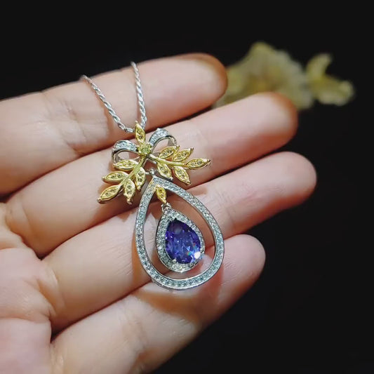 Teardrop Blue Tanzanite Necklace - Large Gold  the Tree Of Life Pendant - 18KGP Sterling Silver olive branch Necklace #850