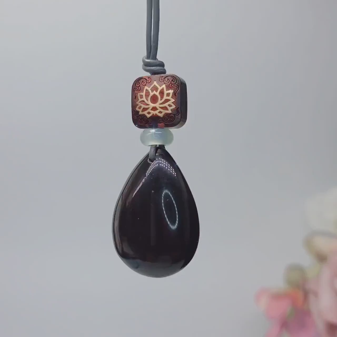 Obsidian Lotus Necklace, Red Sandalwood Chunky Geometric Pendant, Jade Birthstone Protection Jewelry, Adjustable Leather Cord