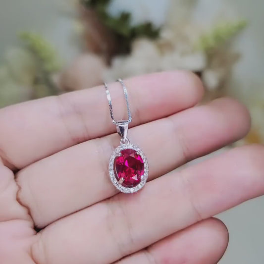 Gemstone Halo Ruby Necklace 2 CT Oval Solitaire Red Ruby Pendant Sterling Silver White Gold plated July Birthstone #164