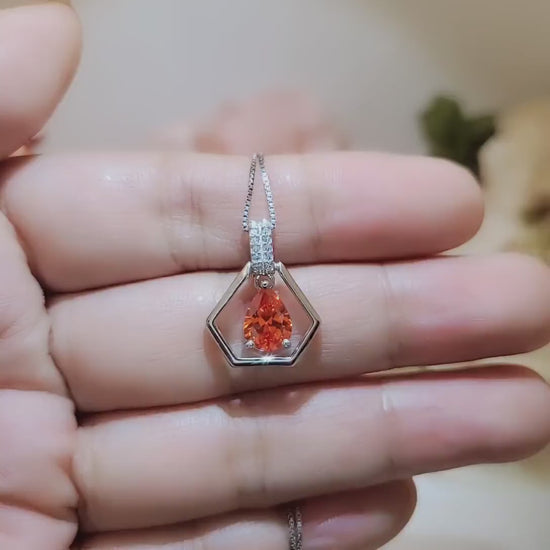 Geometric Orange Sunstone Necklace - Sterling Silver Triangle Teardrop Orange Sun stone Pendant - Tiny Dynamic Hexagon jewelry #111