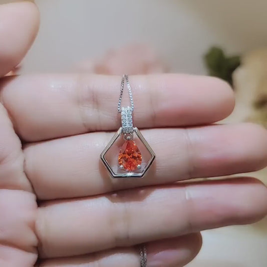 Geometric Orange Sunstone Necklace - Sterling Silver Triangle Teardrop Orange Sun stone Pendant - Tiny Dynamic Hexagon jewelry #111