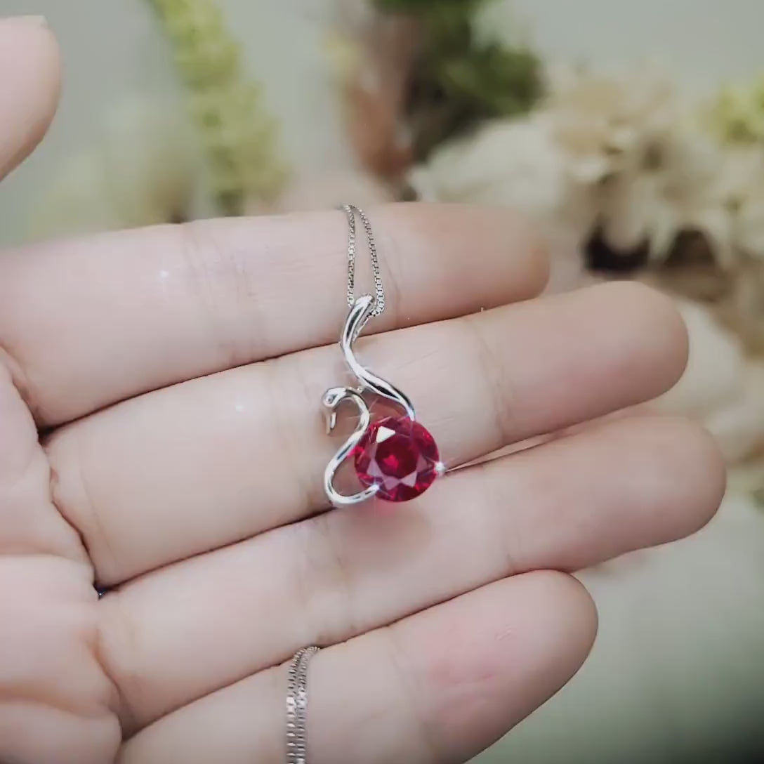 Swan Ruby Necklace Sterling Silver 18KGP Ruby Pendant July Birthstone - Sterling Silver Swan Jewelry - Solitaire Ruby adjustable chain #280