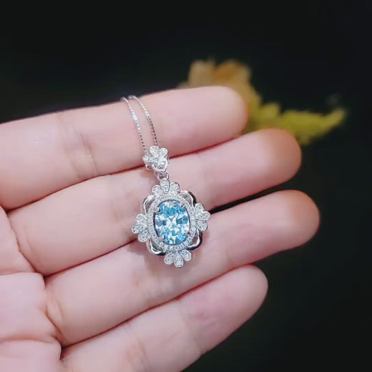 Blue Aquamarine Necklace - Royal Flower Style - 18KGP @ Sterling Silver - Gemstone Flower - Blue Aquamarine Pendant - March Birthstone #664