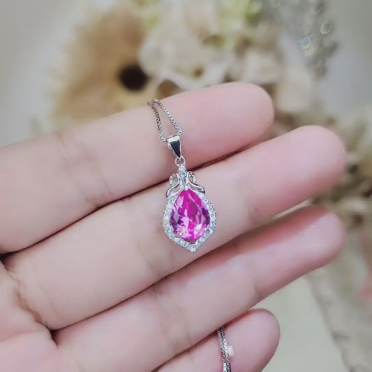 Teardrop Pink Tourmaline Necklace, Gemstone Halo Pink Gemstone Pendant, Sterling Silver White gold   Solitaire Fuchsia Gemstone Jewelry #196