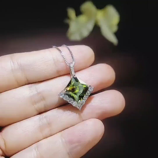 Large Gemstone Style Green Peridot Necklace - 6.5 CT  Square Princess Cut Green Peridot Pendant  - 18KGP & Full Sterling Silver Made #767