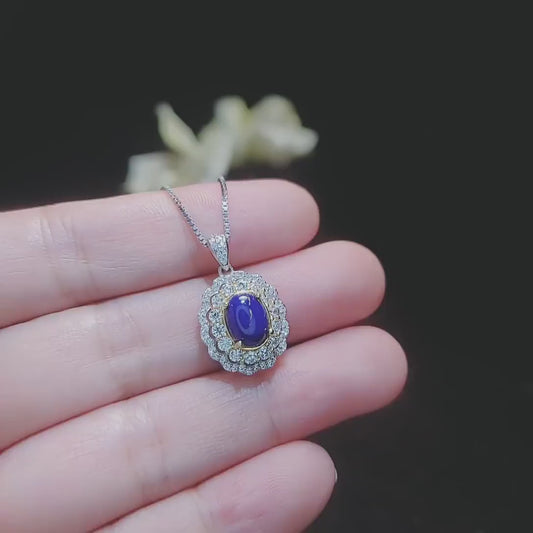 Lapis Lazuli Necklace - Double Halo - Lapis Lazuli Pendant - 18KGP @ Sterling Silver #495