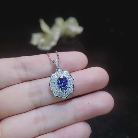 Tanzanite Necklace - Lotus Flower Pendant - 18KGP @ Sterling Silver - December Birthstone - Lab Created Blue Tanzanite Pendant #522