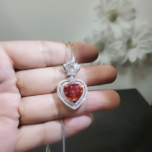 Large Double Halo Heart Sunstone Necklace Diamond Red Orange Jewelry  Royal Crown 7CT created Synthetic  pendant 18KGP Sterling Silver 801