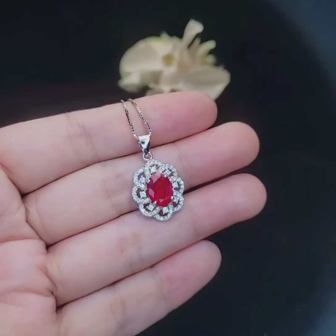 Ruby Necklace 925 Sterling Silver Gemstone Flower 18KGP Ruby Pendant #428