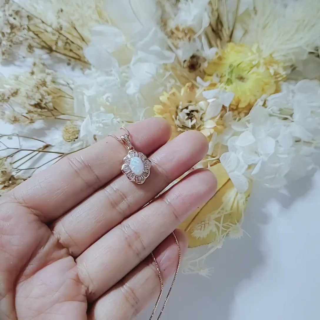 Opal Necklace - Tiny White Opal Rose gold  18KGP @ Sterling Silver - Small Gemstone flower style Opal Jewelry #308