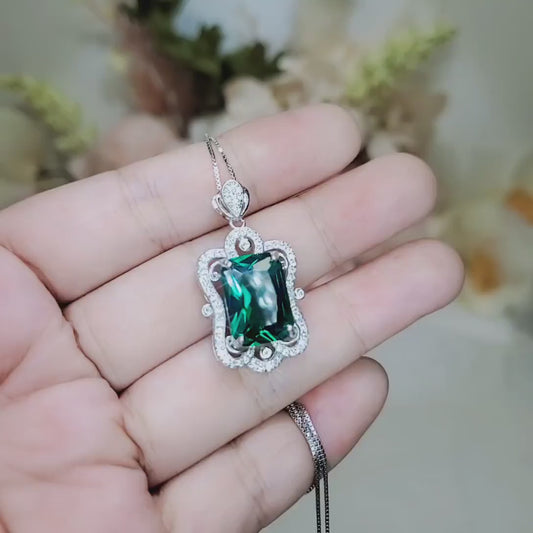 Large Rectangle Emerald Necklace - Sterling Silver White Gold coated Royal Flower Pendant - 10 CT Green Gemstone Wedding Bridal Jewelry #744