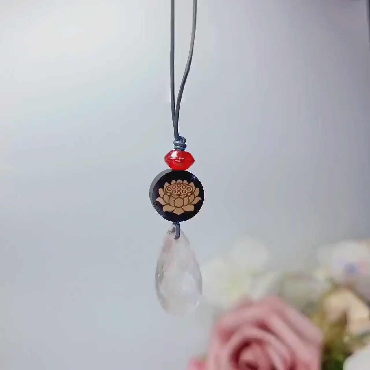 Clear Quartz Lotus Necklace, Chunky 18k Gold Inlaid Zen Crystal Jewelry, Black Sandalwood Spiritual Pendant, Adjustable Leather Cord