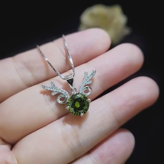 Peridot Necklace -  Antler Deer Style 18KGP @ Sterling Silver - 2 CT Green Peridot Pendant -  Olivine Heart Stone August Birthstone #203