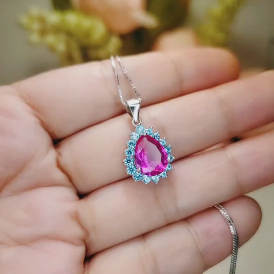 Teardrop Pink Sapphire Necklace - Aquamarine Halo Pink Sapphire Pendant - 18KGP - Sterling Silver  - 2.75 CT Fuchsia Gemstone Jewelry #669