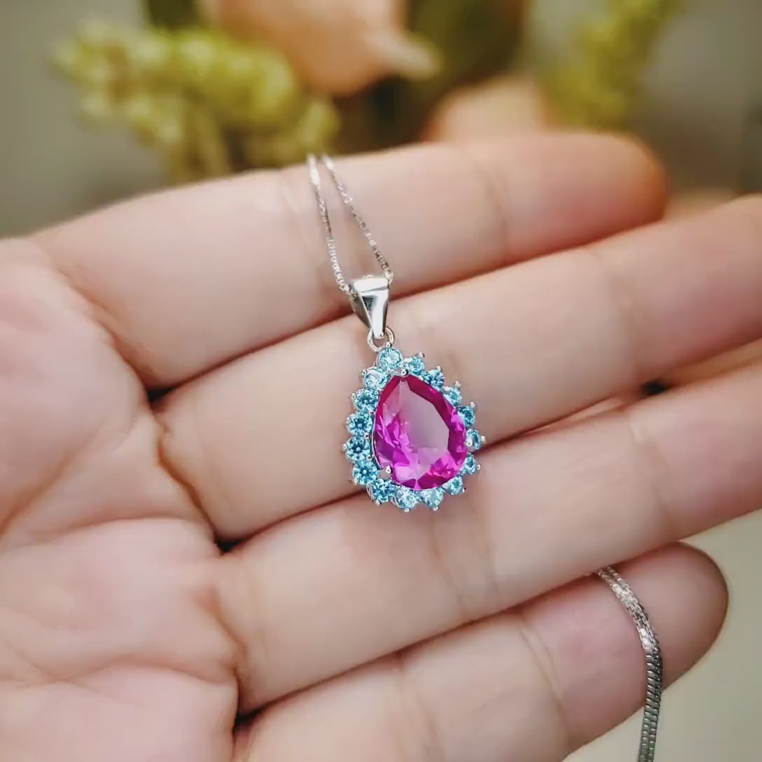 Teardrop Pink Sapphire Necklace - Aquamarine Halo Pink Sapphire Pendant - 18KGP - Sterling Silver  - 2.75 CT Fuchsia Gemstone Jewelry #669