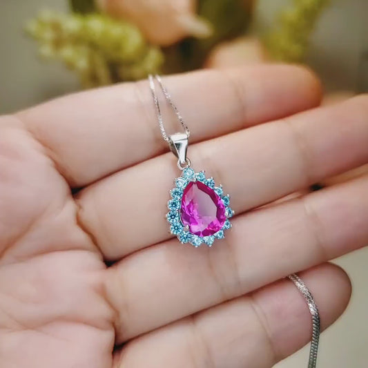 Teardrop Pink Sapphire Necklace - Aquamarine Halo Pink Sapphire Pendant - 18KGP - Sterling Silver  - 2.75 CT Fuchsia Gemstone Jewelry #669