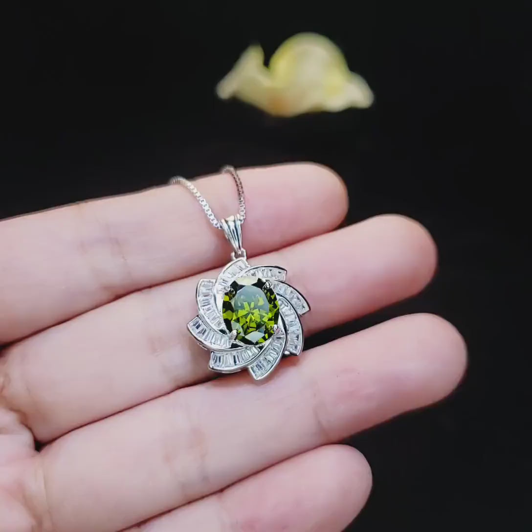 Green Peridot Spiral Necklace - White Gold coated Sterling Silver - Milky Way Spiral Galaxy Energy Vortexes Windmill Pendant #849
