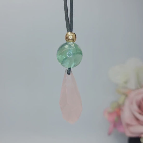 Rose Quartz Necklace Faceted Crystal Pendant, Chunky Fluorite Geometric Jewelry for Women with Adjustable Leather Cord up to 30 inches.